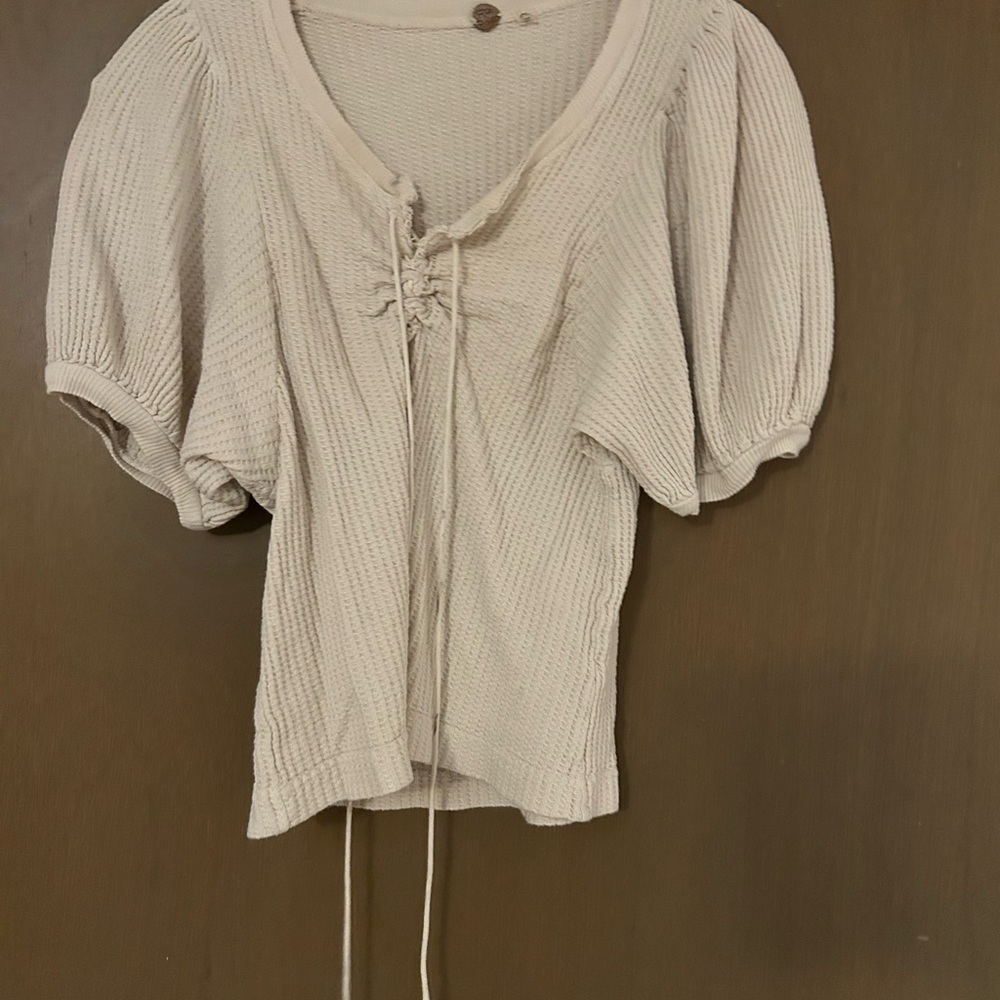 Free People Cream Lace-Up Puff Sleeve Top - Picture 2 of 4
